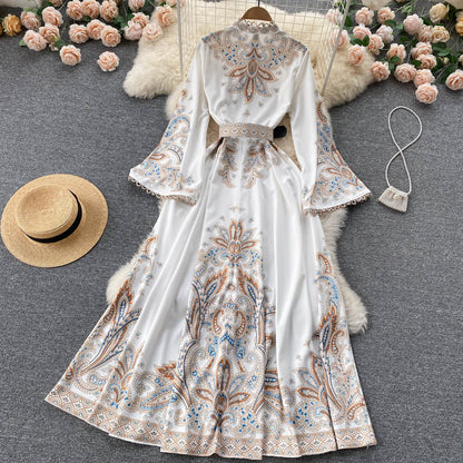 Retro Printed Dress Women's Court Style Big Swing Over-the-knee Long Skirt 242 - JulyProm
