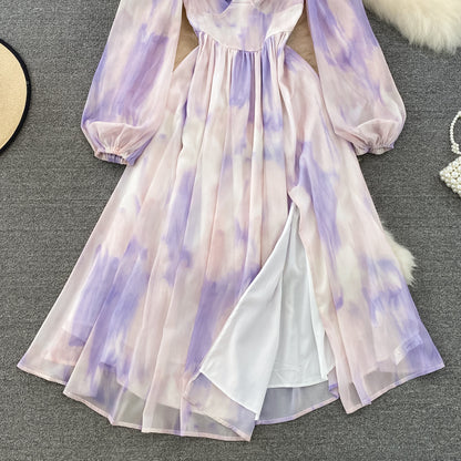 Spring and Autumn Ink Printing Dress Women V neck Pleated Chiffon Dress 1157