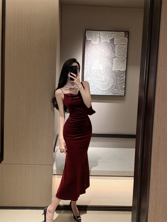 Spaghetti Straps Retro Velvet Slit Dress Sheath Party Dress 1925