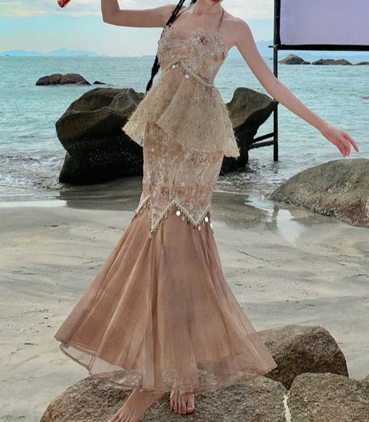 Halterneck Shell Spaghetti Strap Mermaid Mesh Skirt Two-piece Set 1929