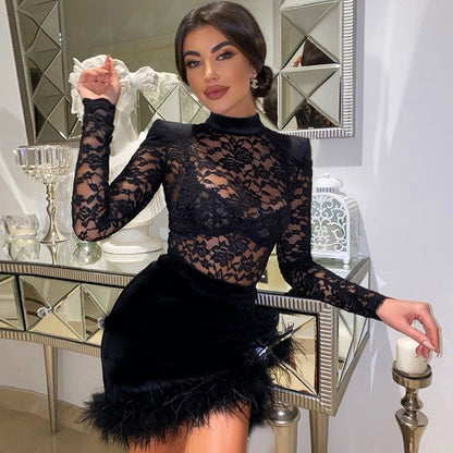 Lace Long Sleeve Velvet Short Dress 2003