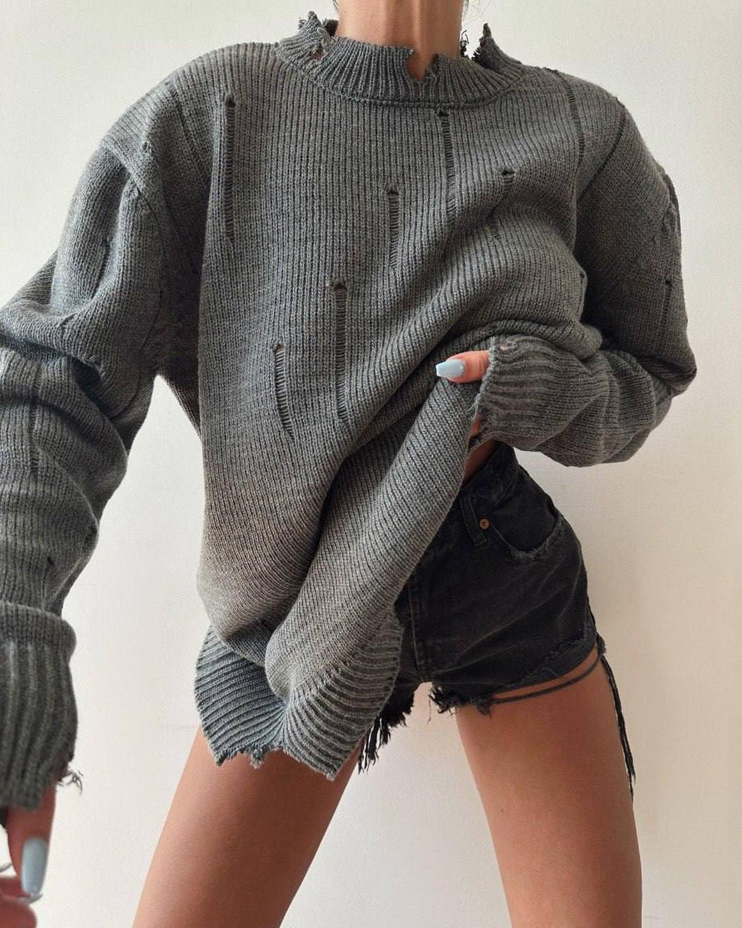 New Autumn Loose Pullover Top Frayed Round Neck Sweater 1895