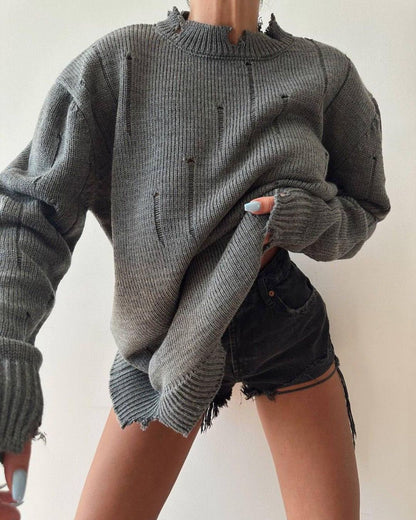 New Autumn Loose Pullover Top Frayed Round Neck Sweater 1895