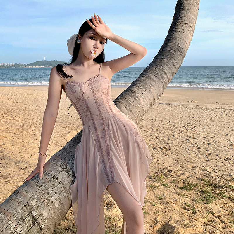 Summer Lace Dress Embroidered Chiffon Spaghetti Strap Fairy Dress 802