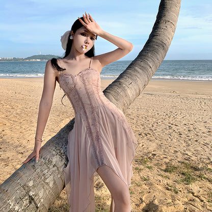Summer Lace Dress Embroidered Chiffon Spaghetti Strap Fairy Dress 802