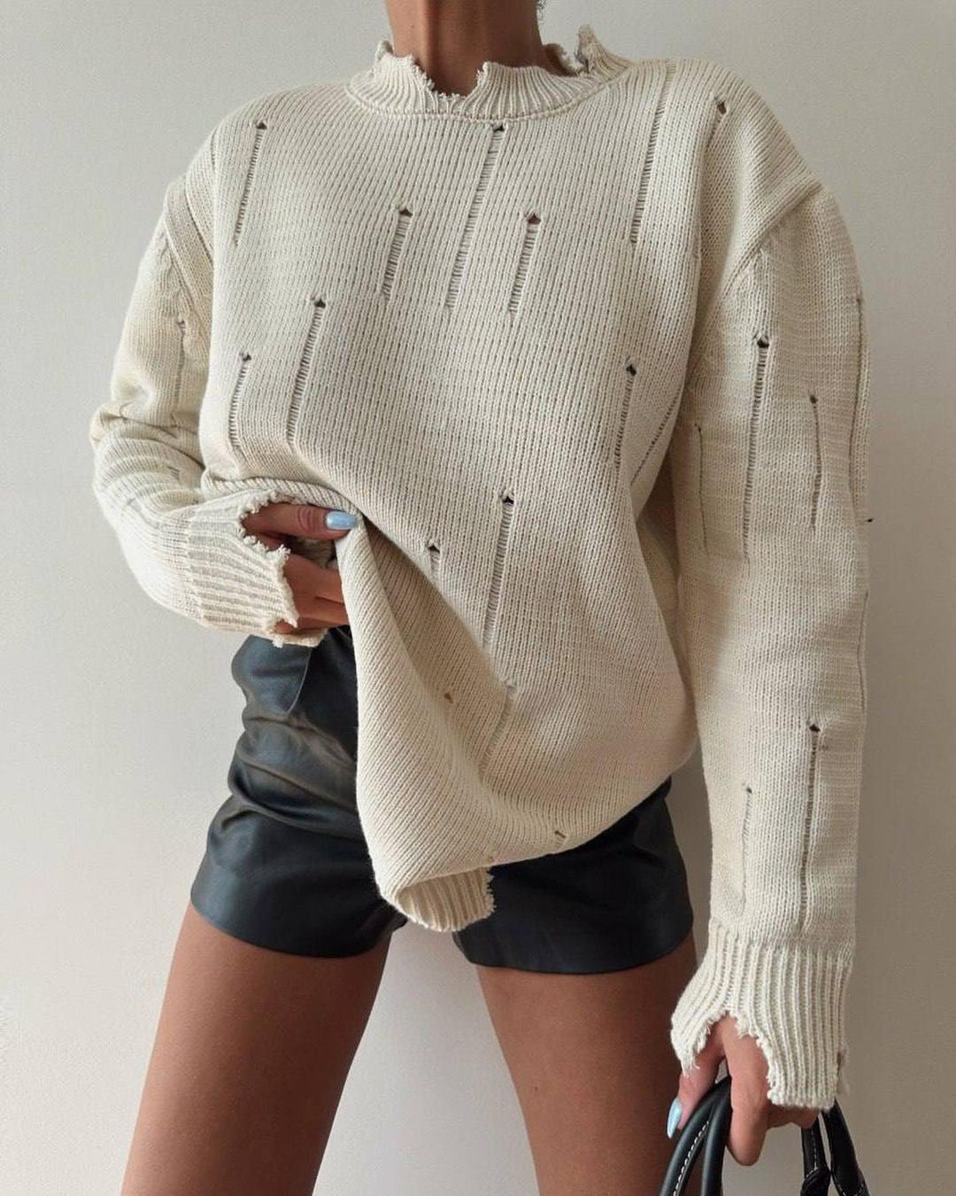 New Autumn Loose Pullover Top Frayed Round Neck Sweater 1895