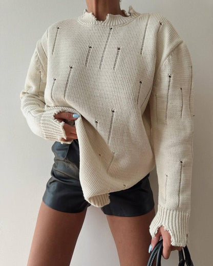 New Autumn Loose Pullover Top Frayed Round Neck Sweater 1895