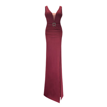 V Neck White Long Formal  Party Dress with High Slit  Evening Gown 271