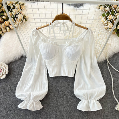 French Square Neck Balloon Sleeve Cropped Shirt Fall Top 241 - JulyProm
