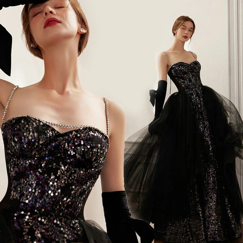 Black Sparkly Long Prom Dress Spaghetti Strap Sequins Evening Dress 181 - JulyProm
