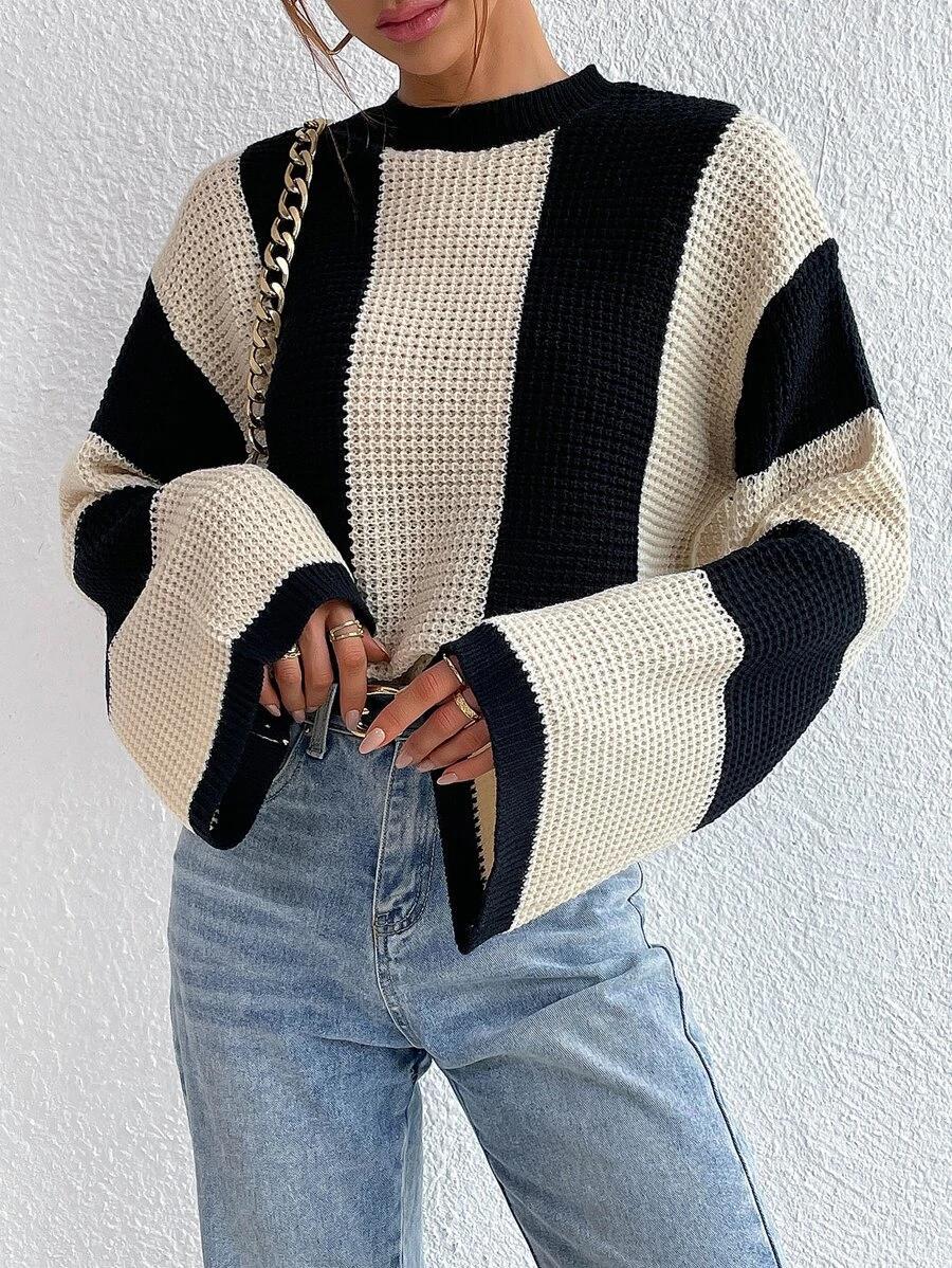 Spring and Autumn Knitted Sweater Top Round Neck Striped Sweater Jacket 1634