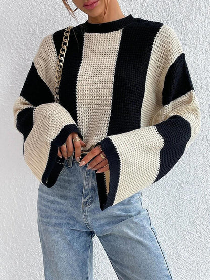 Spring and Autumn Knitted Sweater Top Round Neck Striped Sweater Jacket 1634