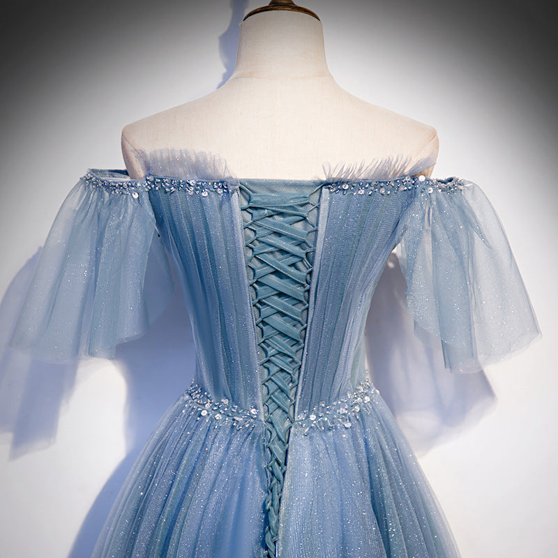 Off Shoulder Blue  A Line Tulle Prom Dress Shiny Forma Evening Gown 640