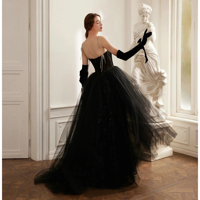 Black Sparkly Long Prom Dress Spaghetti Strap Sequins Evening Dress 181 - JulyProm