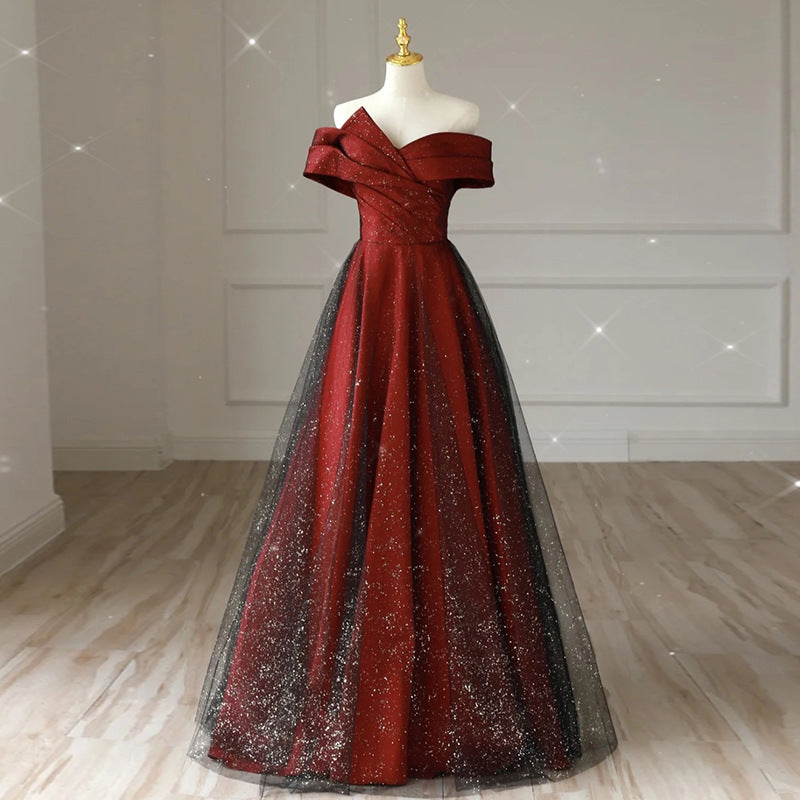 Off Shoulder Burgundy Shiny Tulle Prom Dress Formal Evening Party Dress 1699