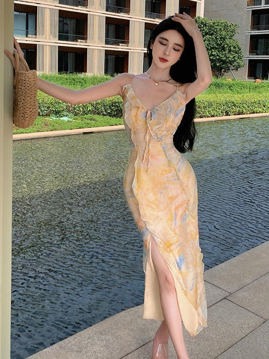 V-neck Spaghetti Strap Floral Dress Ruffled Prom Gown 1934