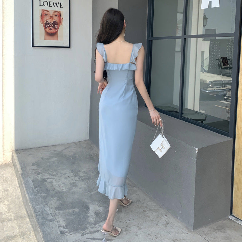 Sheath French Gentle Dress Blue Spaghetti Strap Dress Women Summer  424