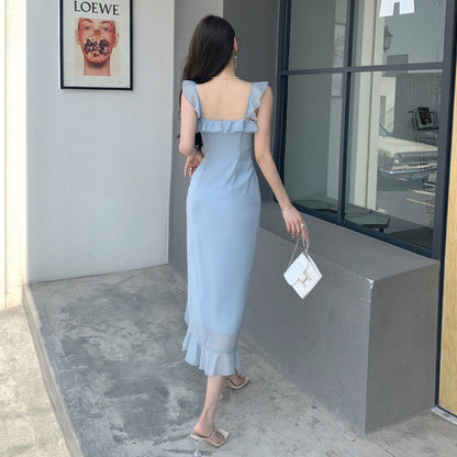 Sheath French Gentle Dress Blue Spaghetti Strap Dress Women Summer  424
