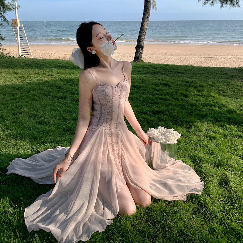 Summer Lace Dress Embroidered Chiffon Spaghetti Strap Fairy Dress 802