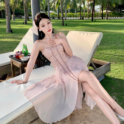 Summer Lace Dress Embroidered Chiffon Spaghetti Strap Fairy Dress 802