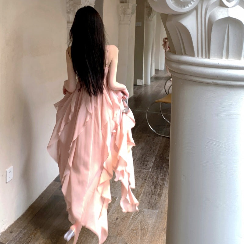 Summer New French Spaghetti Strap Dress Chiffon Pink Fairy Dress 797