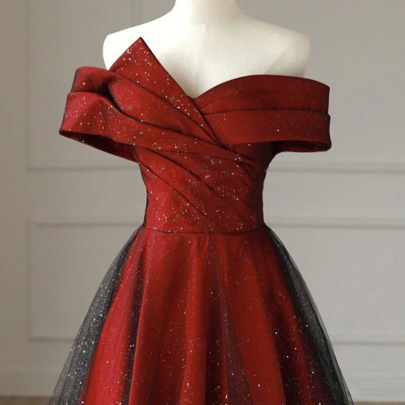 Off Shoulder Burgundy Shiny Tulle Prom Dress Formal Evening Party Dress 1699
