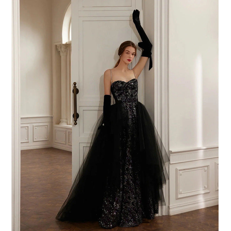 Black Sparkly Long Prom Dress Spaghetti Strap Sequins Evening Dress 181 - JulyProm