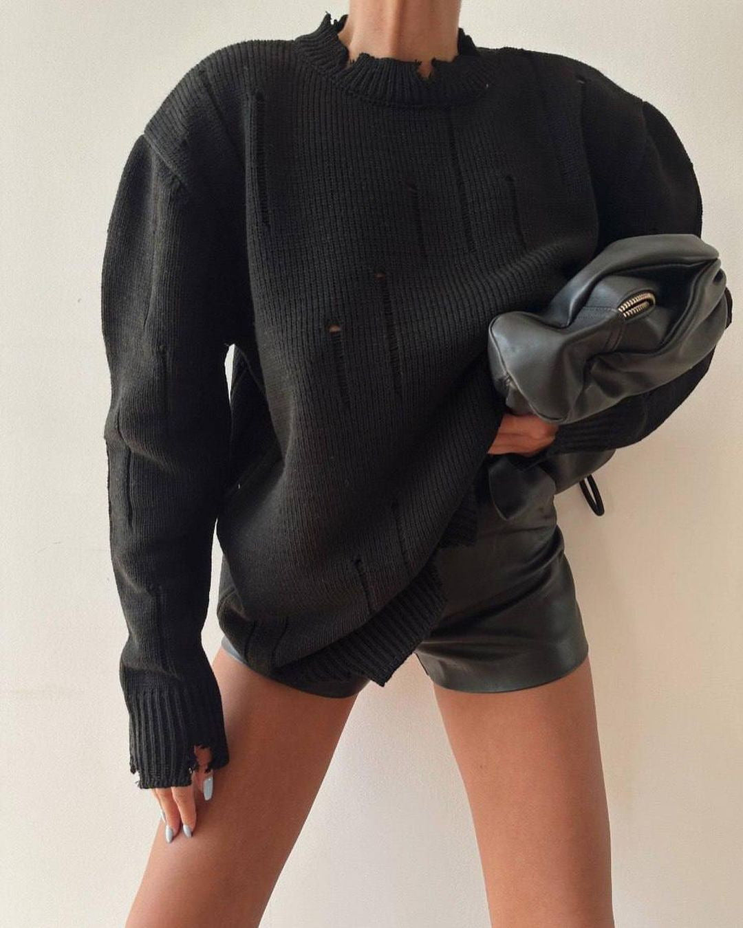 New Autumn Loose Pullover Top Frayed Round Neck Sweater 1895