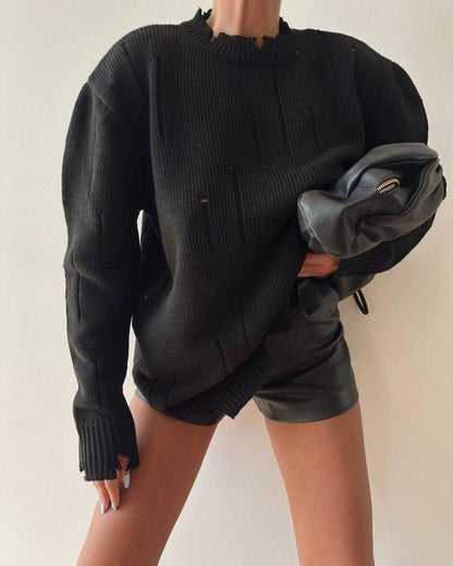 New Autumn Loose Pullover Top Frayed Round Neck Sweater 1895