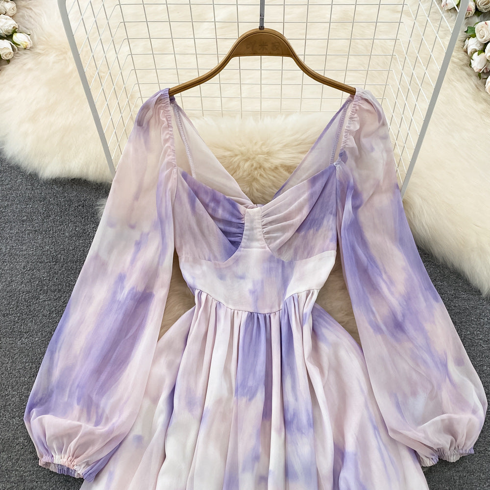 Spring and Autumn Ink Printing Dress Women V neck Pleated Chiffon Dress 1157
