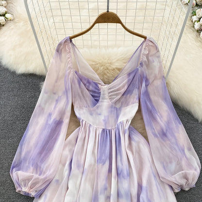Spring and Autumn Ink Printing Dress Women V neck Pleated Chiffon Dress 1157