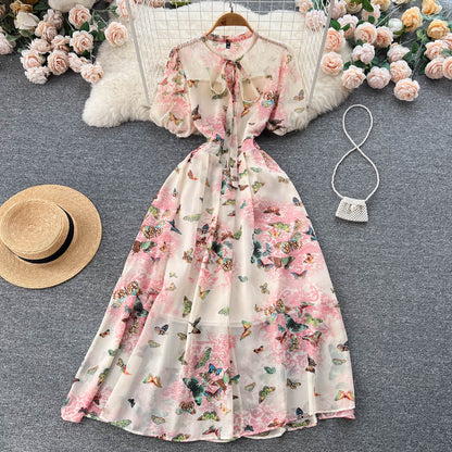 Women's French Style Sweet Puff Sleeve Floral Dress 286
