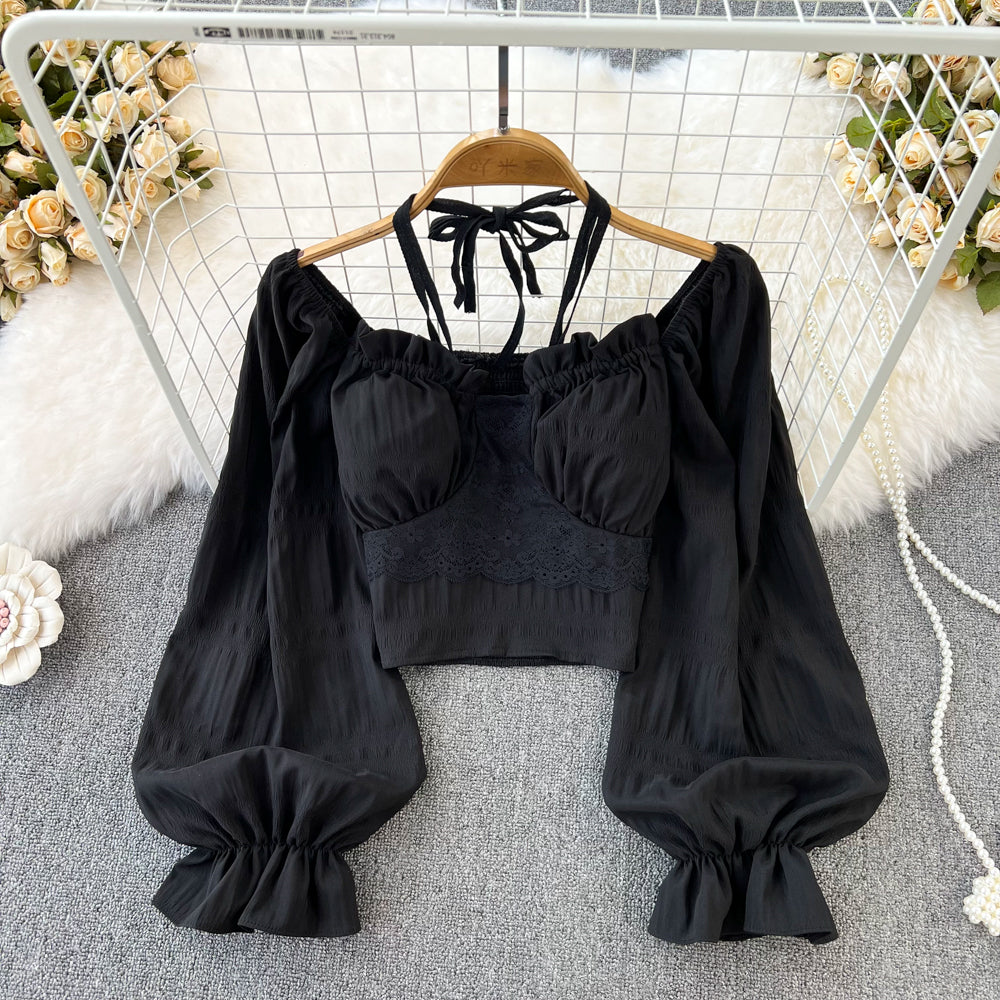 French Square Neck Balloon Sleeve Cropped Shirt Fall Top 241 - JulyProm