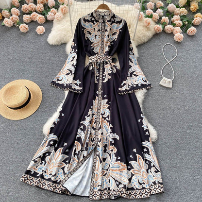 Retro Printed Dress Women's Court Style Big Swing Over-the-knee Long Skirt 242 - JulyProm