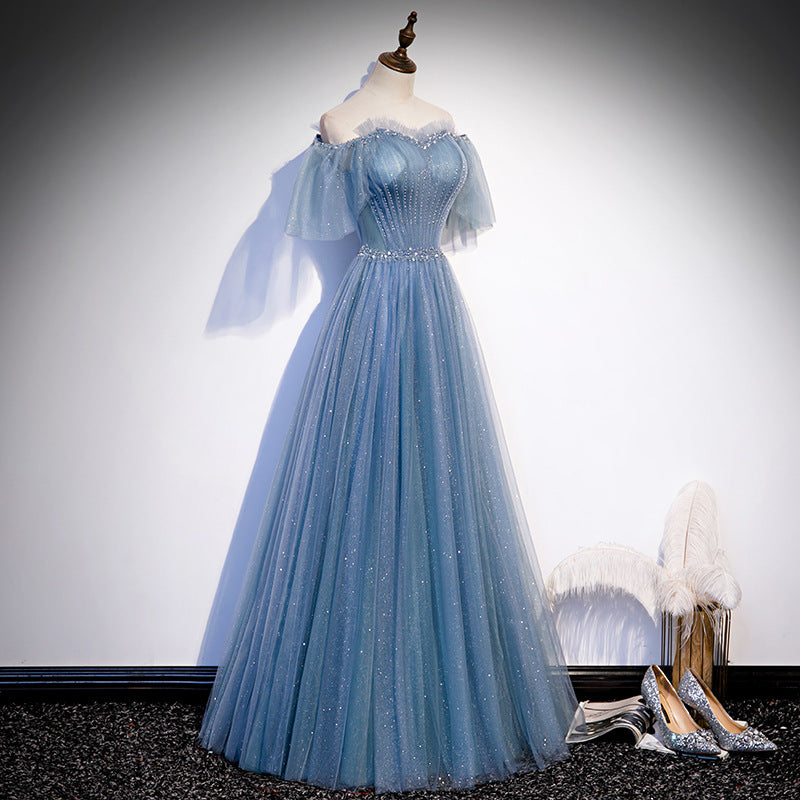 Off Shoulder Blue  A Line Tulle Prom Dress Shiny Forma Evening Gown 640