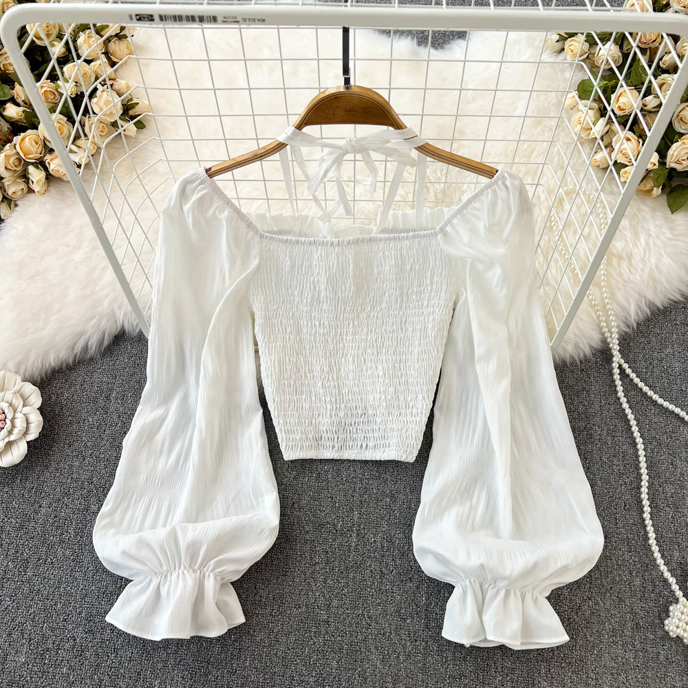 French Square Neck Balloon Sleeve Cropped Shirt Fall Top 241 - JulyProm