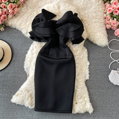 French Strapless Short Dress Off Shoulder Sheath  Dress  874