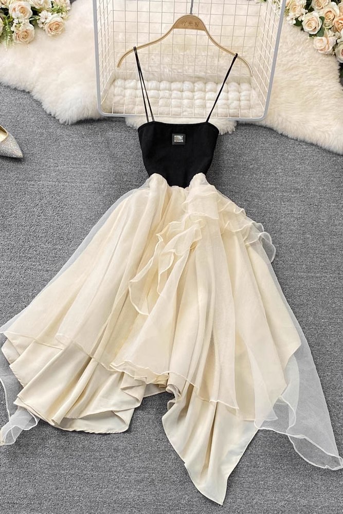 Summer Apricot Spaghetti Strap Skirt Sleeveless A-line Tutu Skirt 946