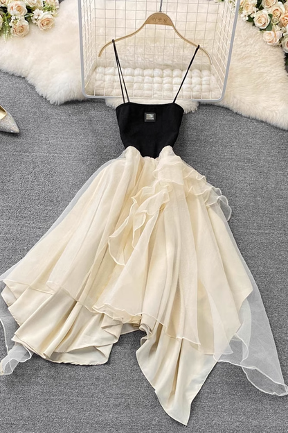 Summer Apricot Spaghetti Strap Skirt Sleeveless A-line Tutu Skirt 946