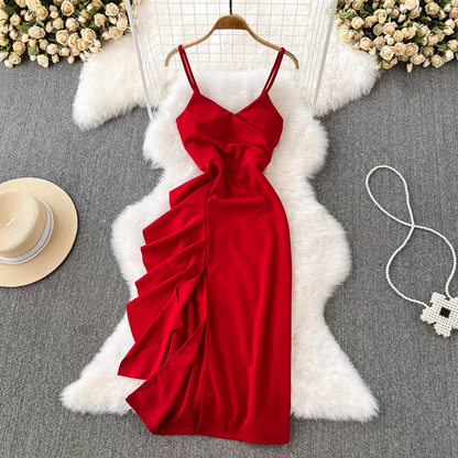 French Thin Shoulder Strap Long Skirt Retro Ruffle Slit Dress 974