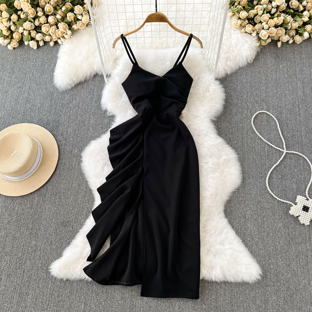 French Thin Shoulder Strap Long Skirt Retro Ruffle Slit Dress 974
