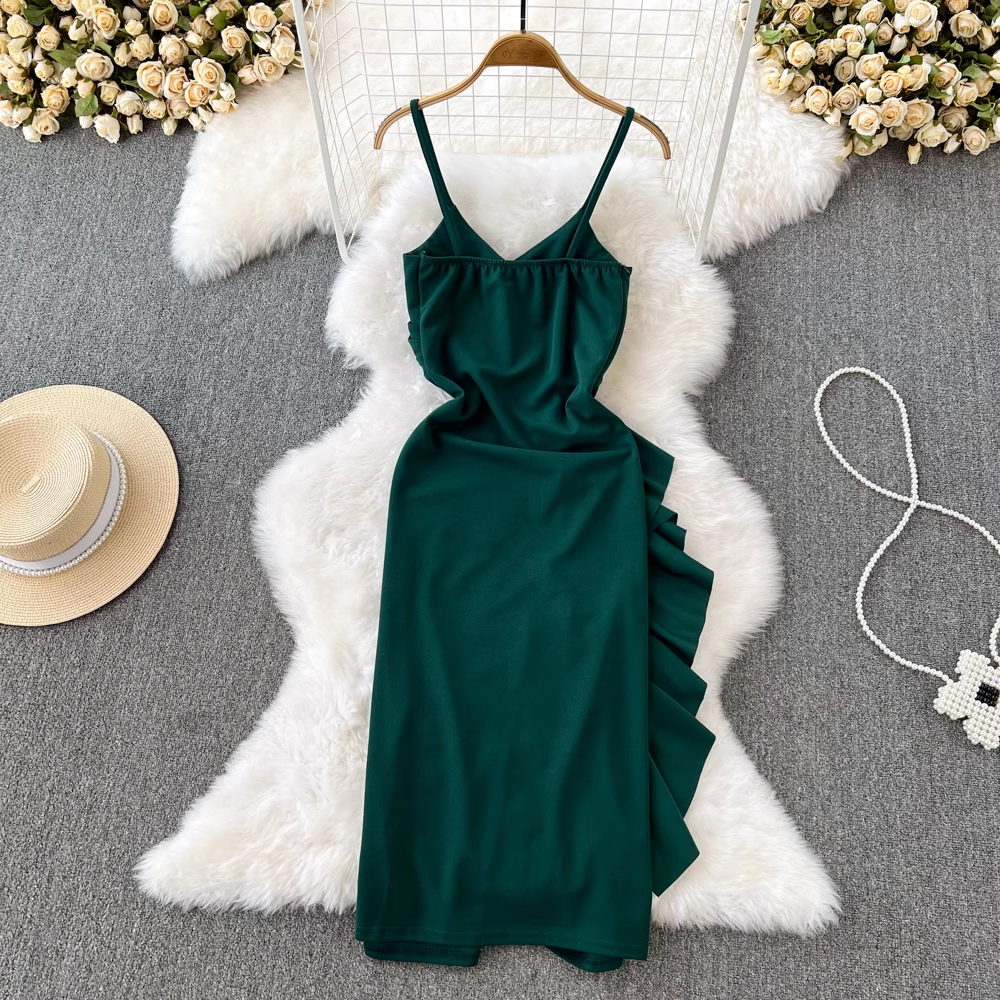 French Thin Shoulder Strap Long Skirt Retro Ruffle Slit Dress 974
