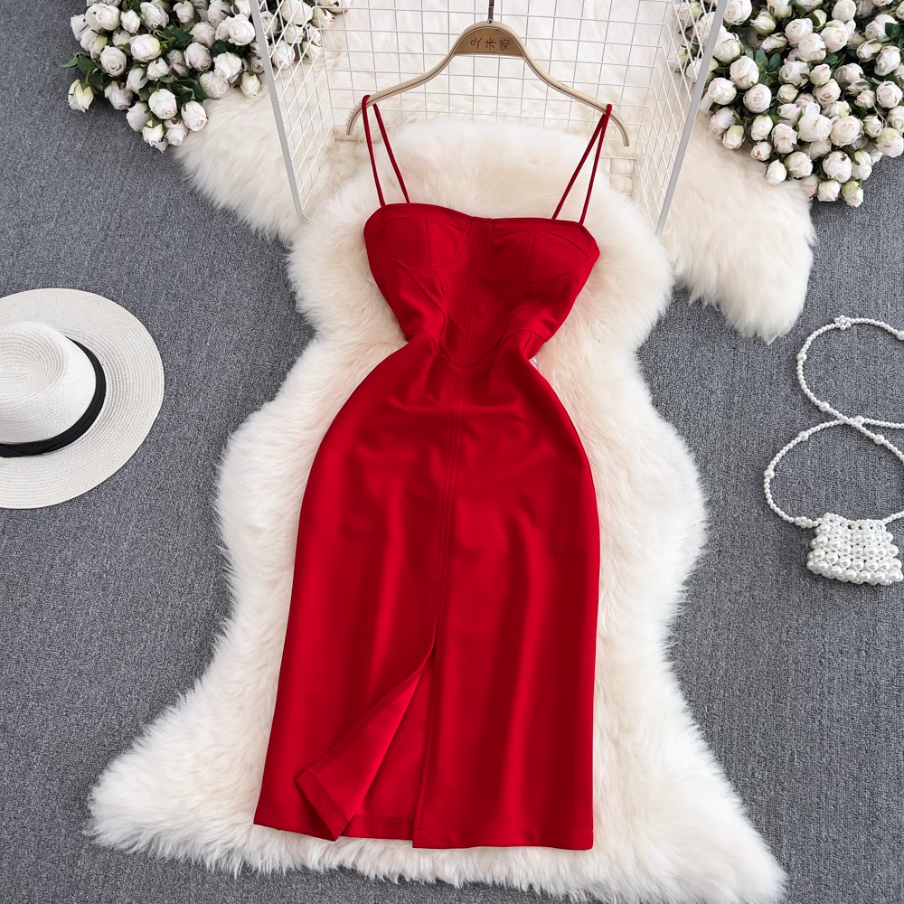Summer Spaghetti Strap Skirt Sleeveless Backless Sheath Slit Dress  975
