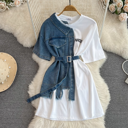 Retro Hong Kong Style Round Neck Denim Shirt Skirt with Belt 1309