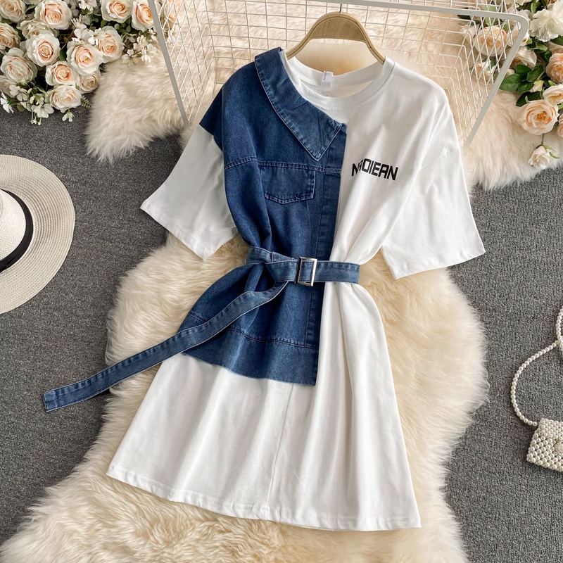 Round Neck Denim Stitching Dress Short Sleeves Summer Mid Length T Shirt Skirt 1332