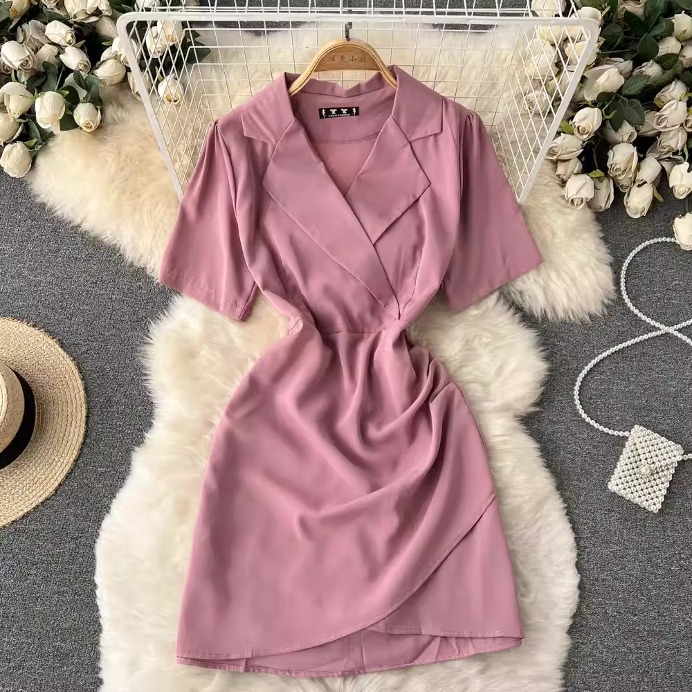 V Neck Summer Irregular Pleated Short Sleeves Sexy Dress 1210