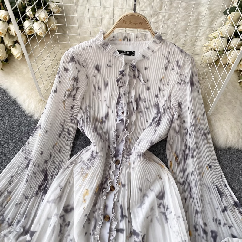 Women Autumn Sexy Elastic V Neck Pattern Long Sleeves Dress 1222