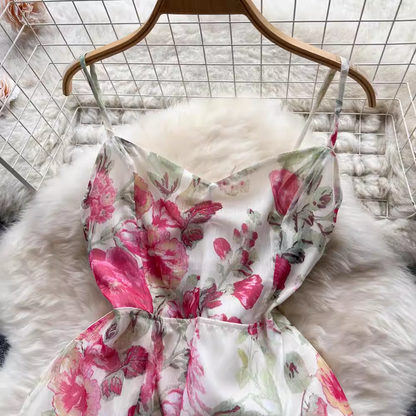 Women Retro Floral Dress Backless Bow Knot Sling Dress Summer 1158