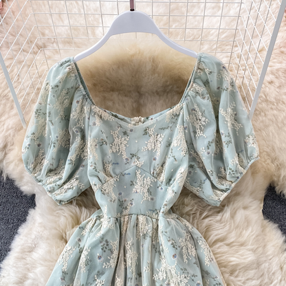 Retro Sweet Square Neck Dress Girl Floral Fairy Princess Lace Skirt 1322