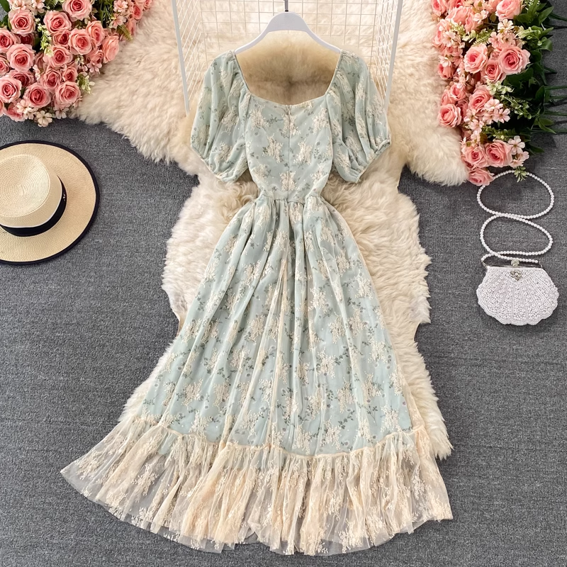 Retro Sweet Square Neck Dress Girl Floral Fairy Princess Lace Skirt 1322